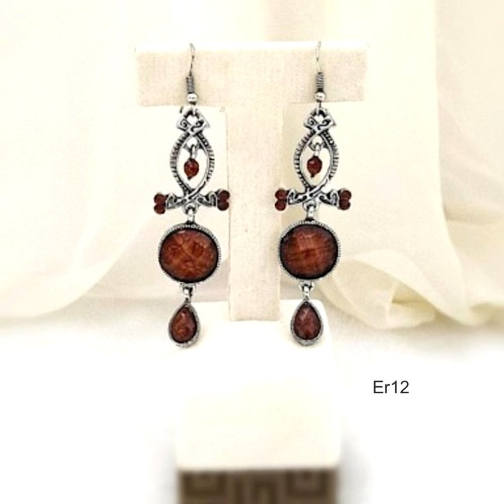 EE Vintage Chandelier Earrings Brown Czech Beads